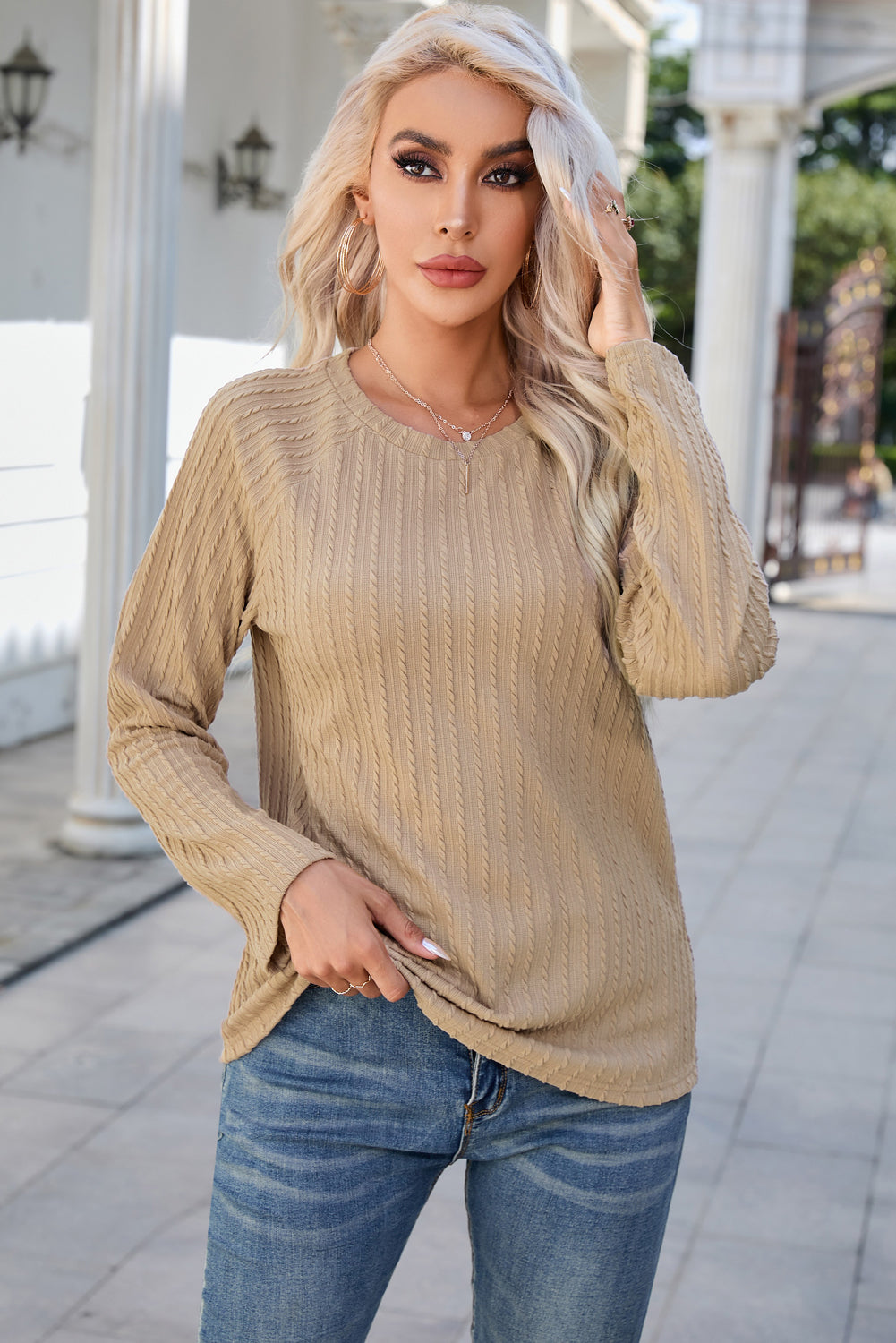 Khaki Ribbed Round Neck Knit Long Sleeve Top