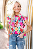 Abstract Floral Print Frilled Neck Pleated Blouse