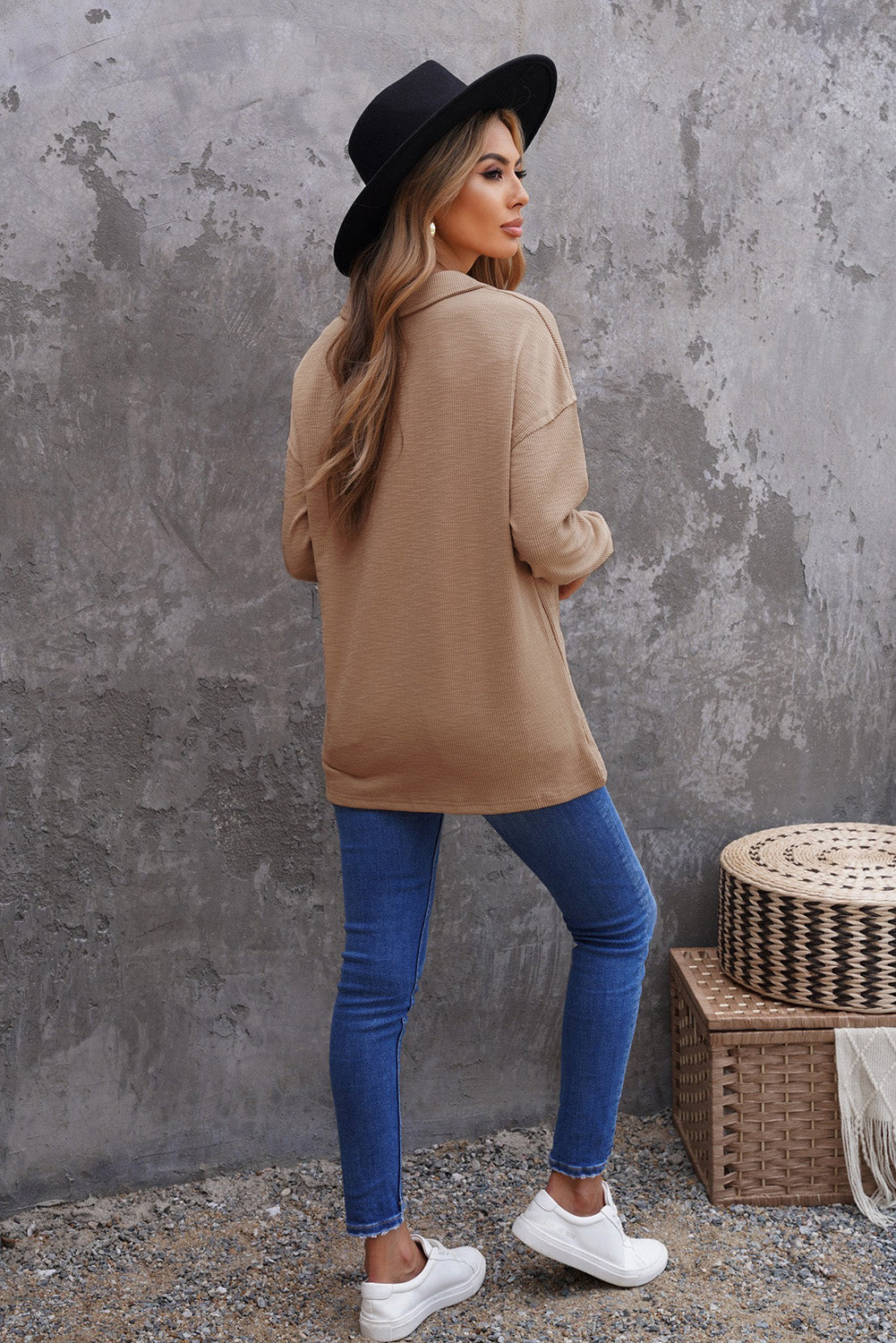 Button Front Turn-down Neck Knit Top