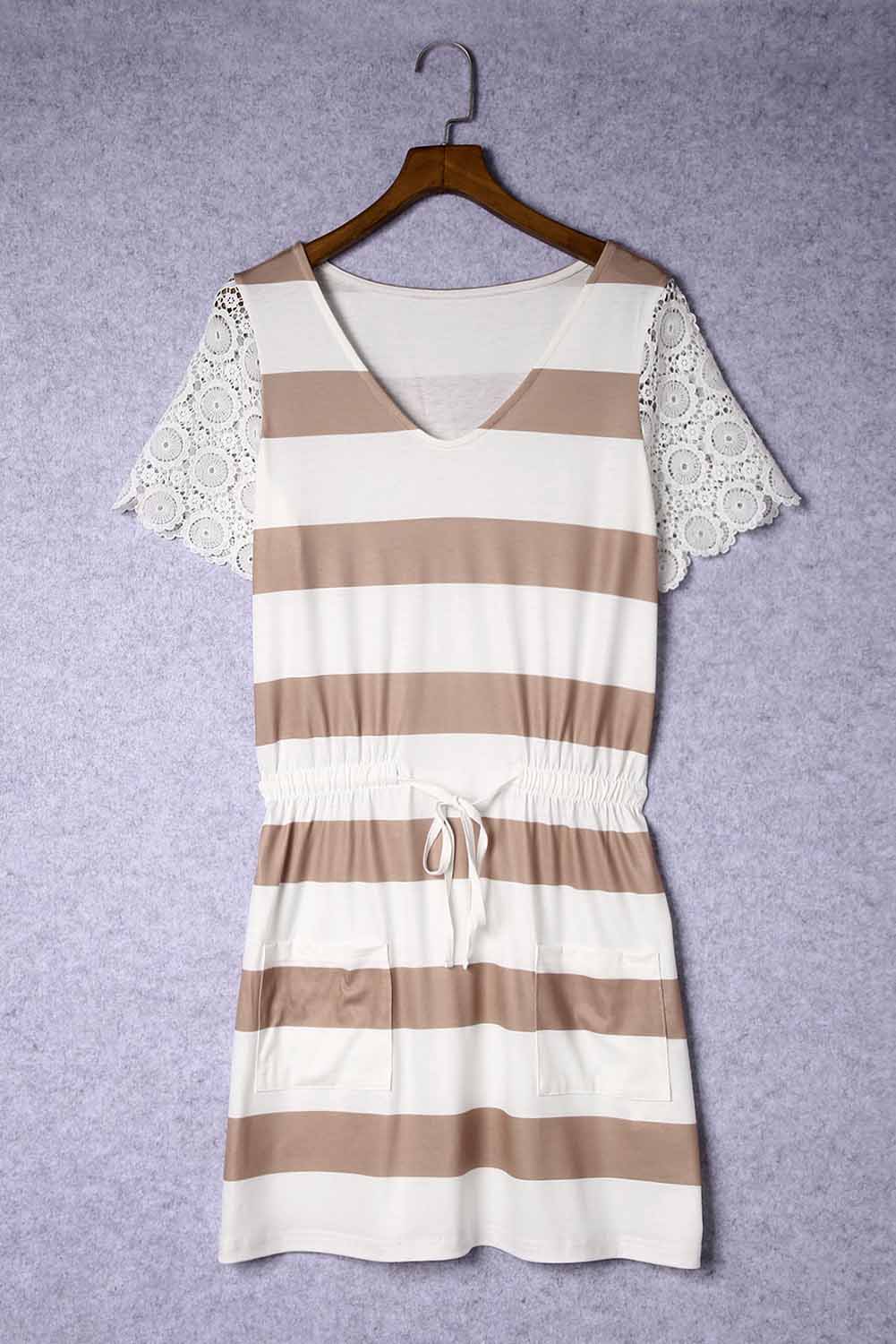 Lace Crochet Short Sleeve Drawstring Striped Dress