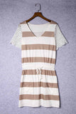 Lace Crochet Short Sleeve Drawstring Striped Dress