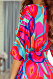 Multicolor Abstract Printed V Neck Dolman Sleeve Ruffle Wrap Dress