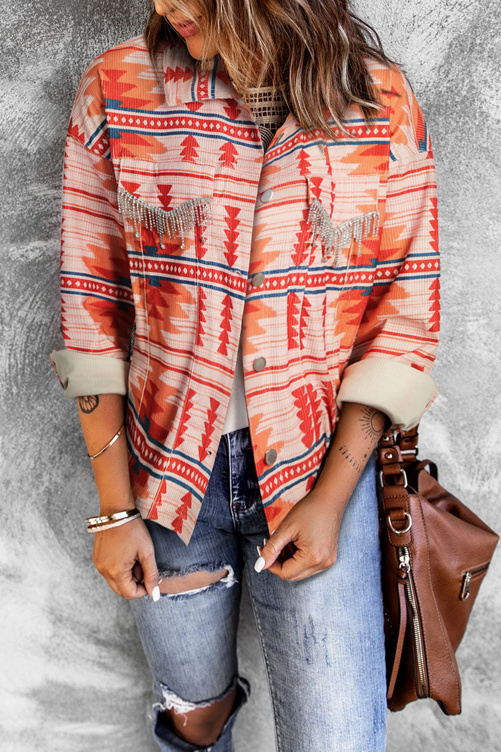 Western Aztec Print Corduroy Jacket