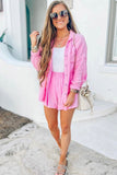 Crinkle Frayed Long Sleeve Shirt and Casual Shorts Set