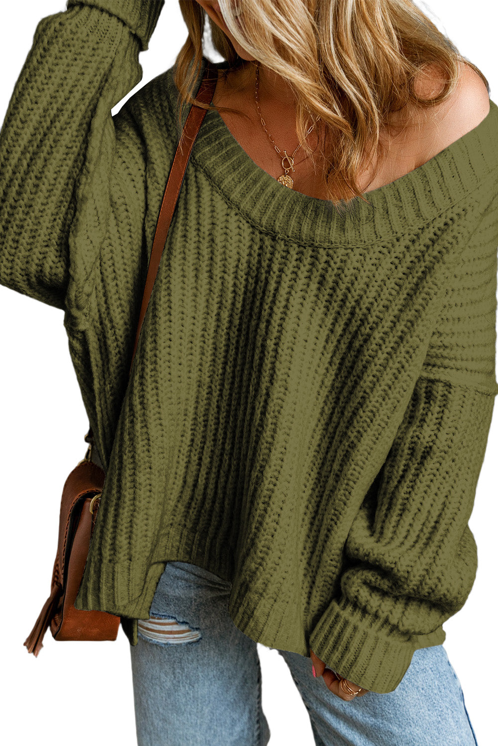 Ribbed Knit Round Neck Slouchy Chunky Sweater