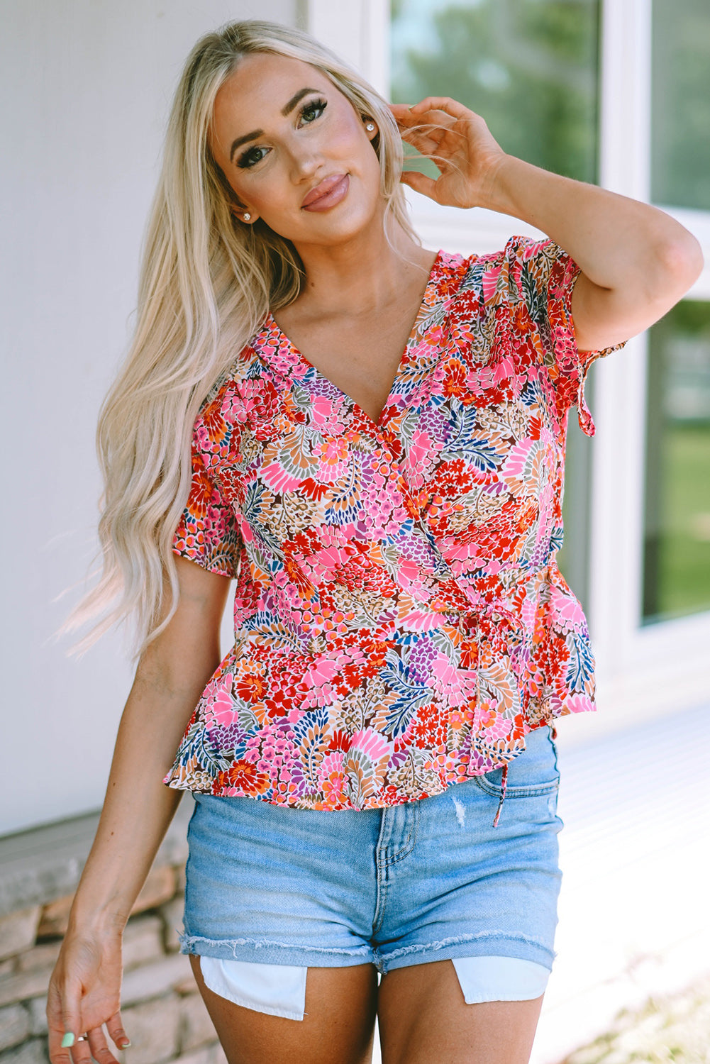 Red Short Sleeve Slim Fit Floral T Shirt