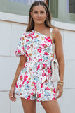 Floral Single Bubble Sleeve Slant Shoulder Romper