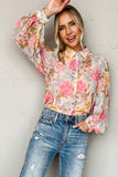 Pink Floral Print Tiered Ruffled Long Sleeve Blouse