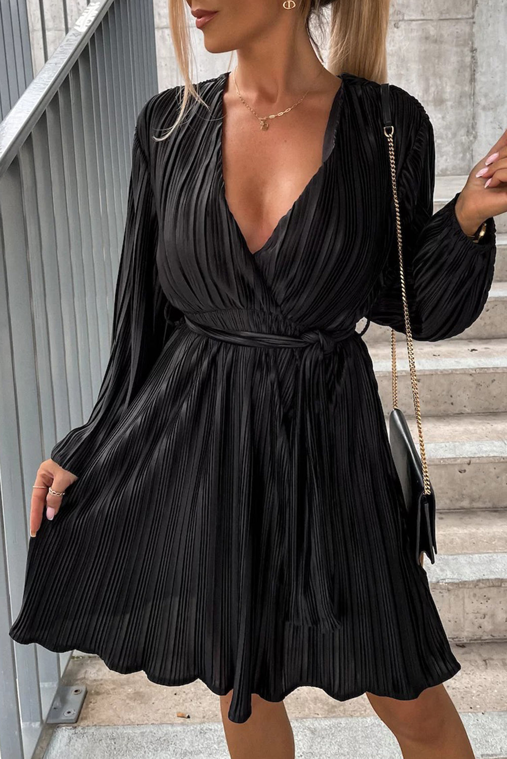 Surplice V Neck Pleated Midi Dress with Belt