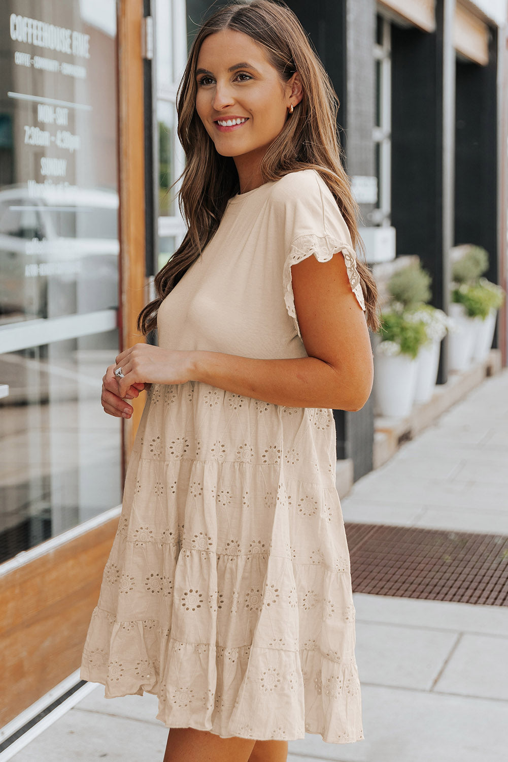 Eyelet Pattern Tiered Short Dress