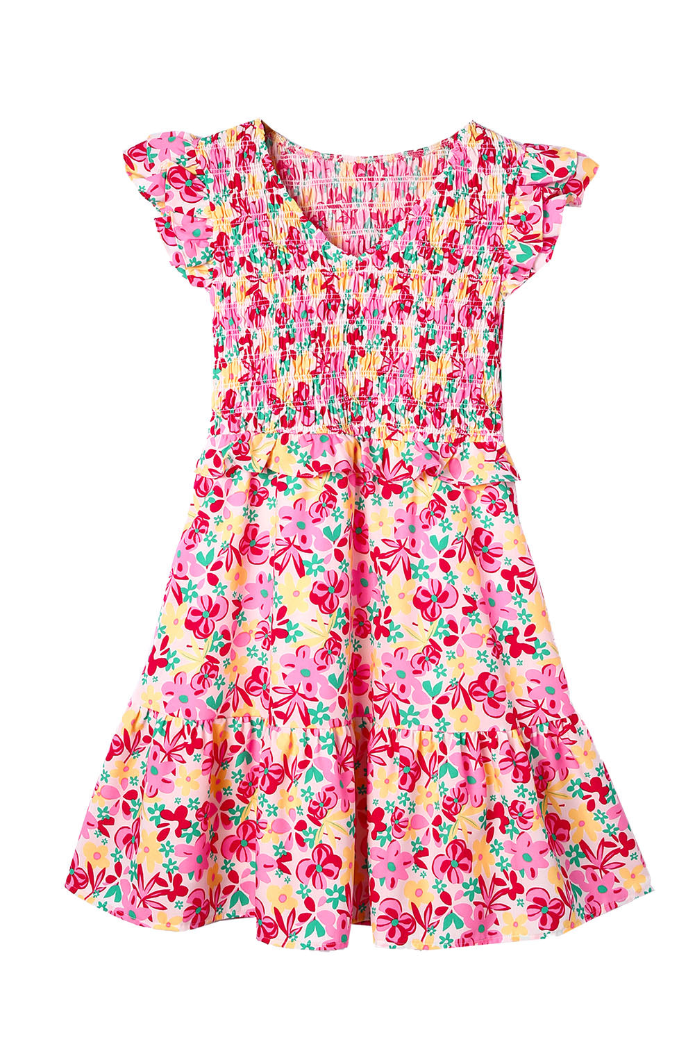 Smocked Bodice Ruffle Trim Floral Dress