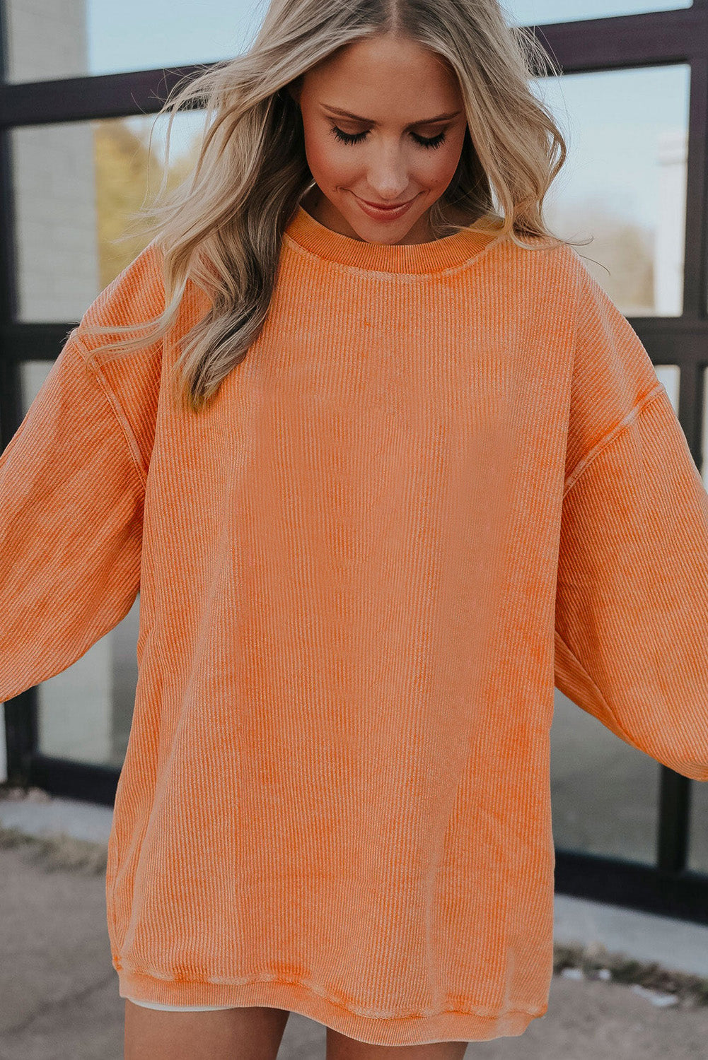 Orange Spooky Season Ghost Print Ribbed Pullover Sweatshirt