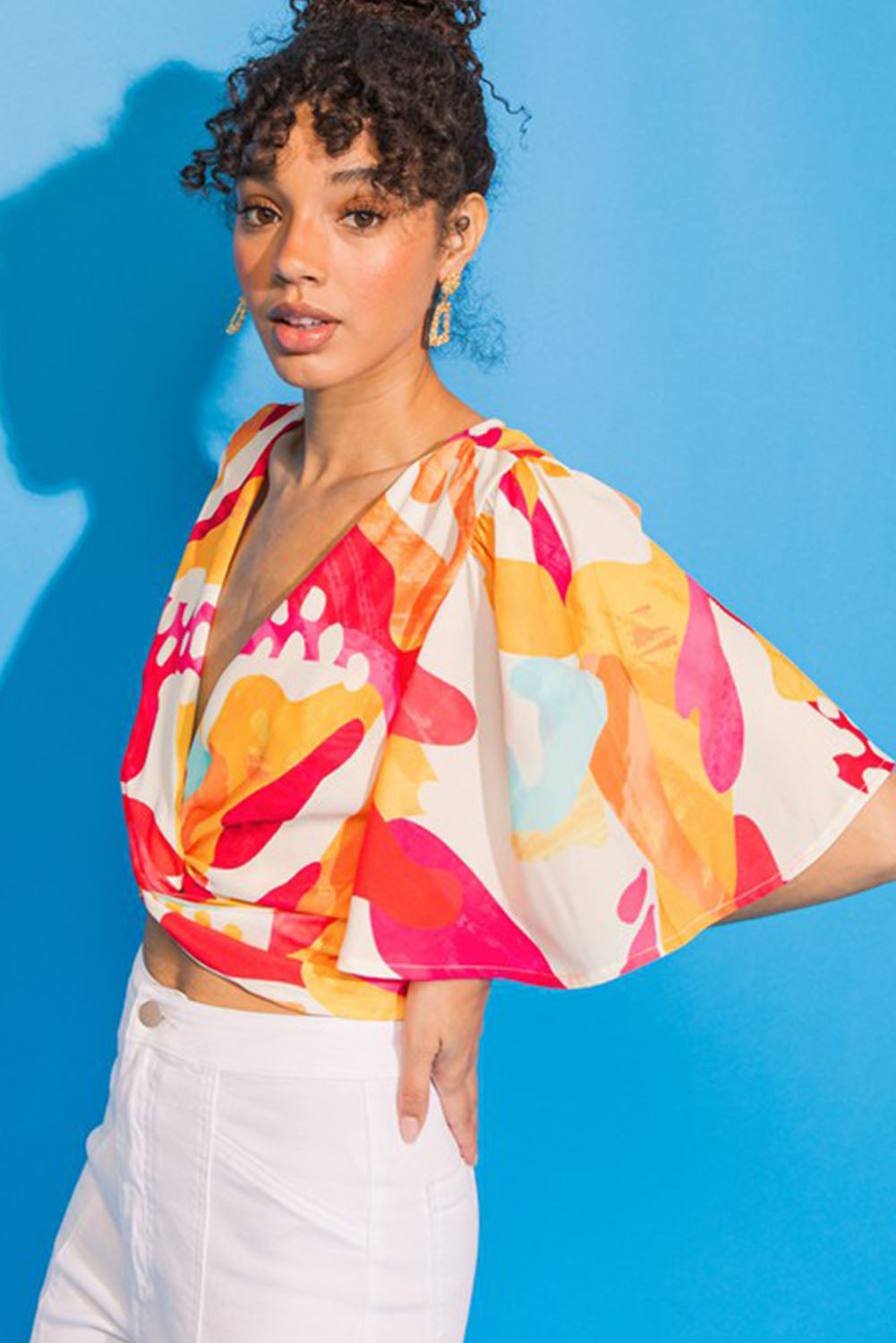 Abstract Print V Neck Twist Front Cropped Blouse