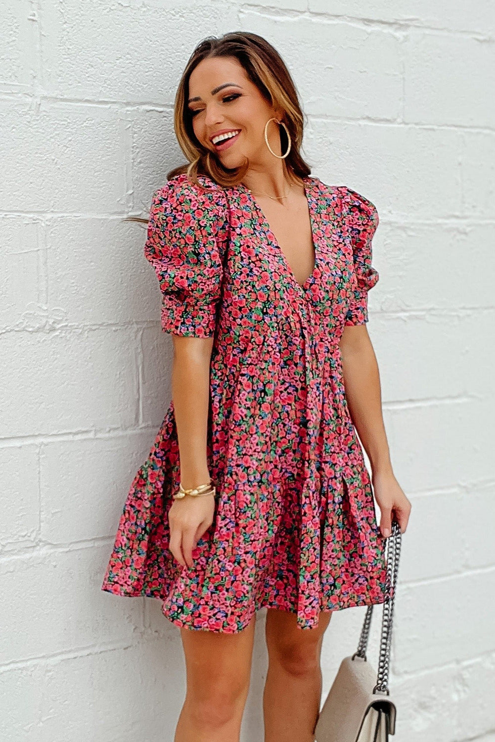 Vintage Puff Sleeve Side Pockets Floral Dress