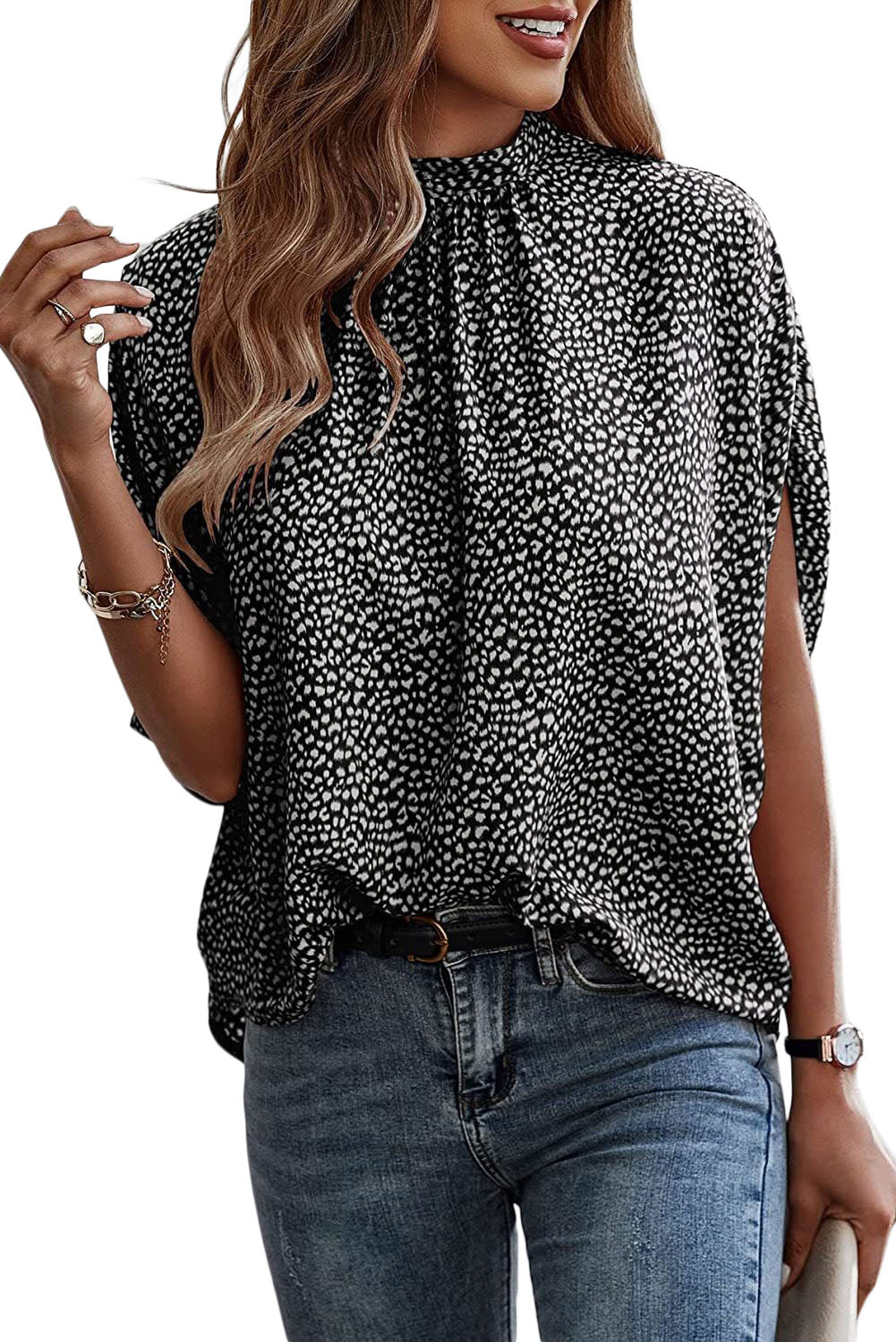 Oversized Leopard Ruched Batwing Sleeve Blouse