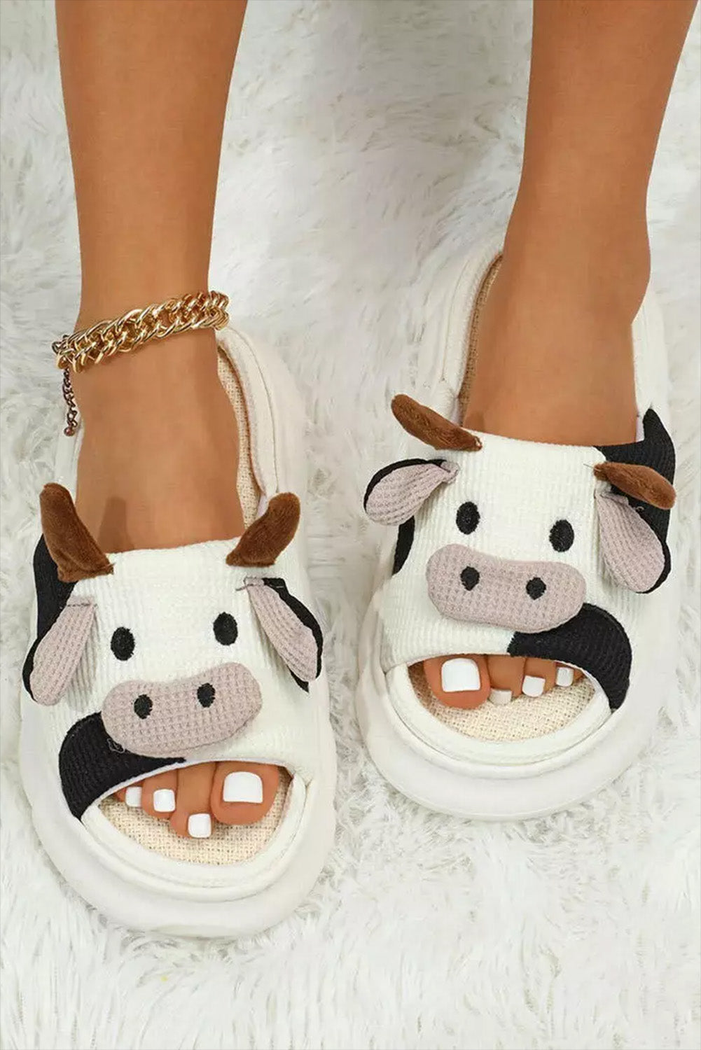 White Cartoon Animal Cow Plush Slippers