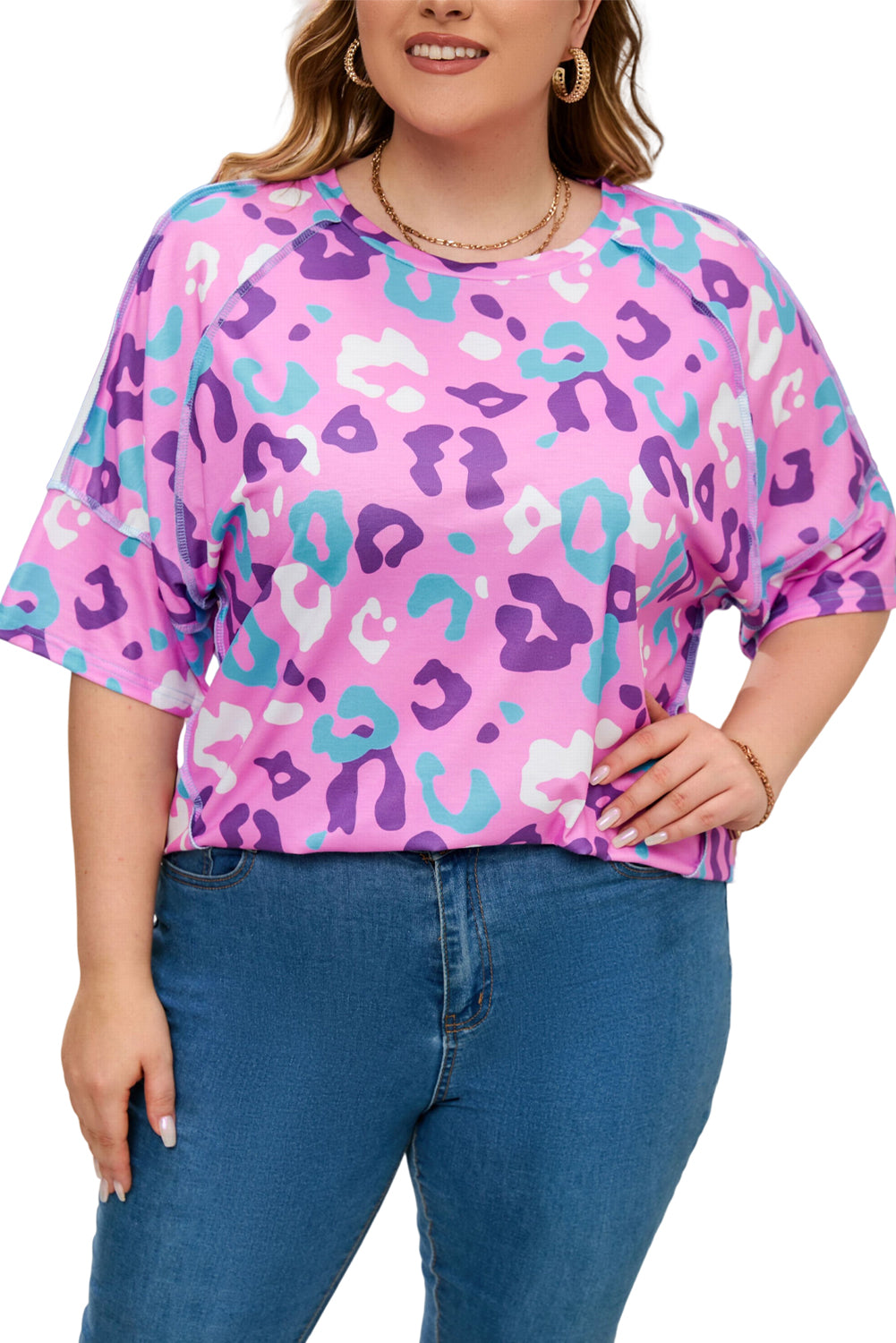 T-shirt à manches courtes Rose Leopard Kiss imprimé de grande taille