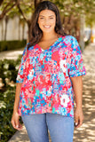 Chemisier Floral Bleu Ciel à Col en V et Manches Dolman Grande Taille