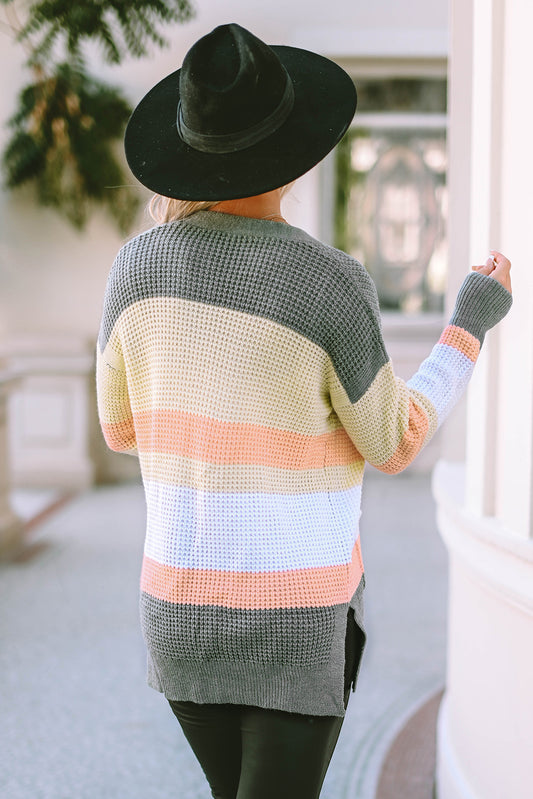 Color Block Striped Pocketed Open Cardigan