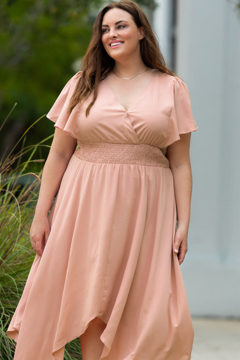 Robe Mouchoir Rose Portefeuille à Col en V Grande Taille