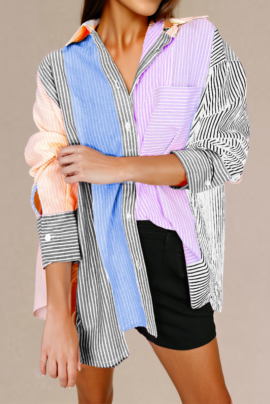 Pink Stripe Color Block Chest Pocket Oversized Shirt