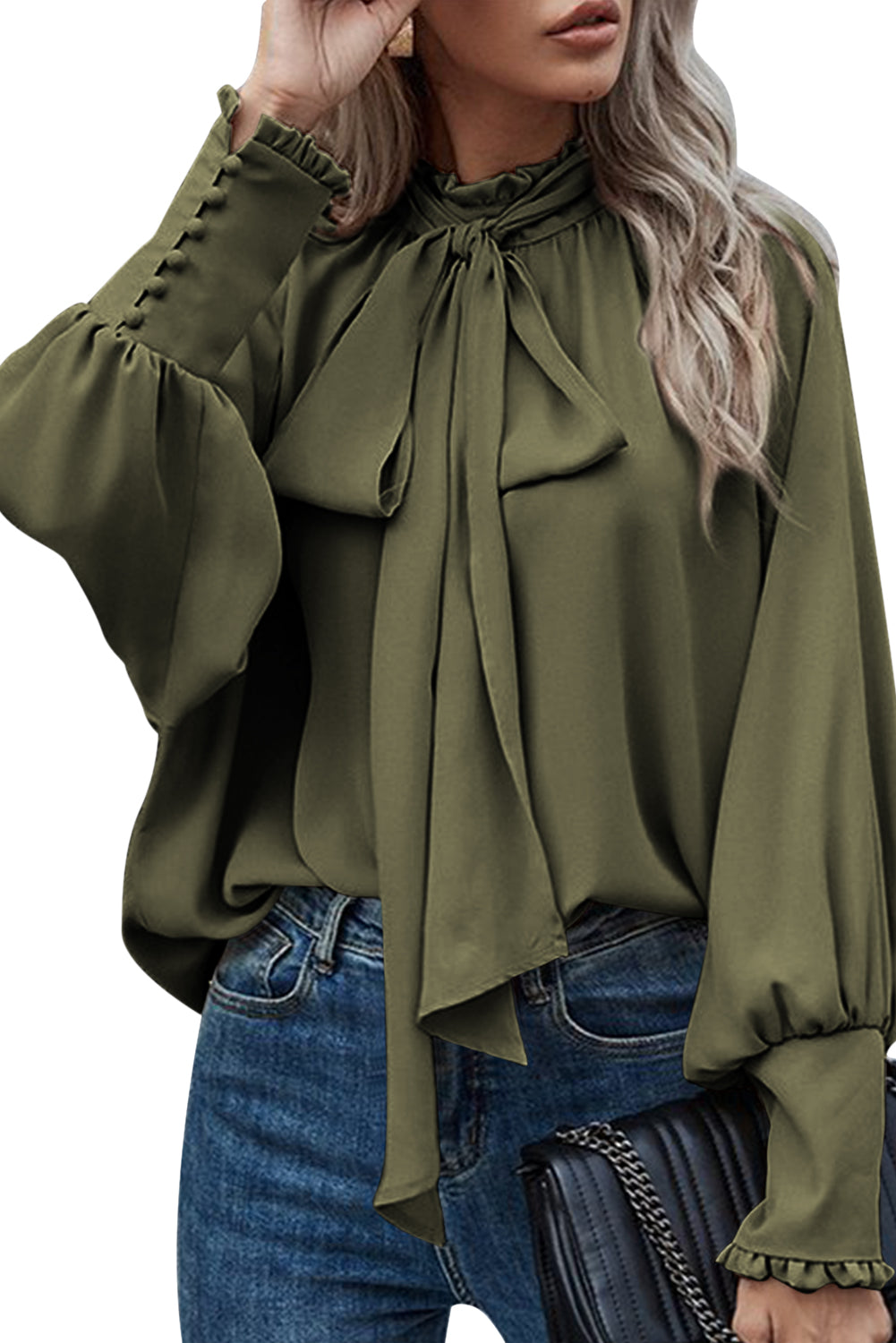 Khaki Frilled Knotted Mock Neck Bishop Sleeve Blouse