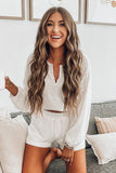 Waffle Knit Buttoned Long Sleeve Crop and Shorts Lounge Set