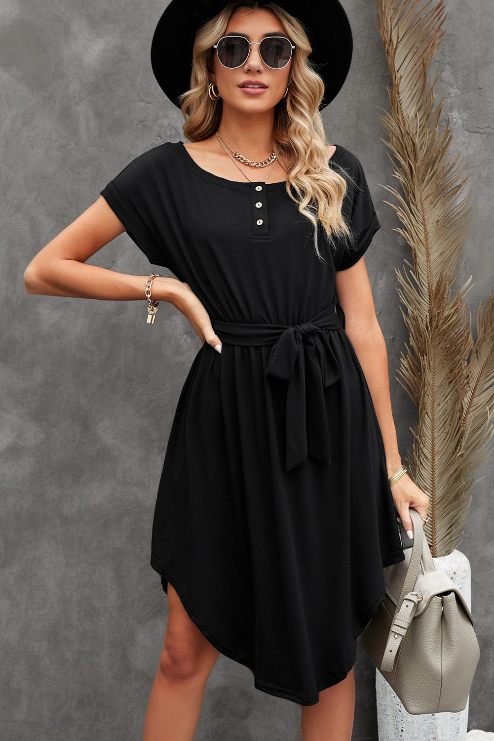 Buttons Crewneck Lace-up High Waist Mini Dress