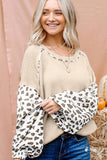 Leopard Print Patchwork Lantern Sleeve Waffle Knit Top