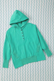 Turquoise Batwing Sleeve Pocketed Henley Hoodie