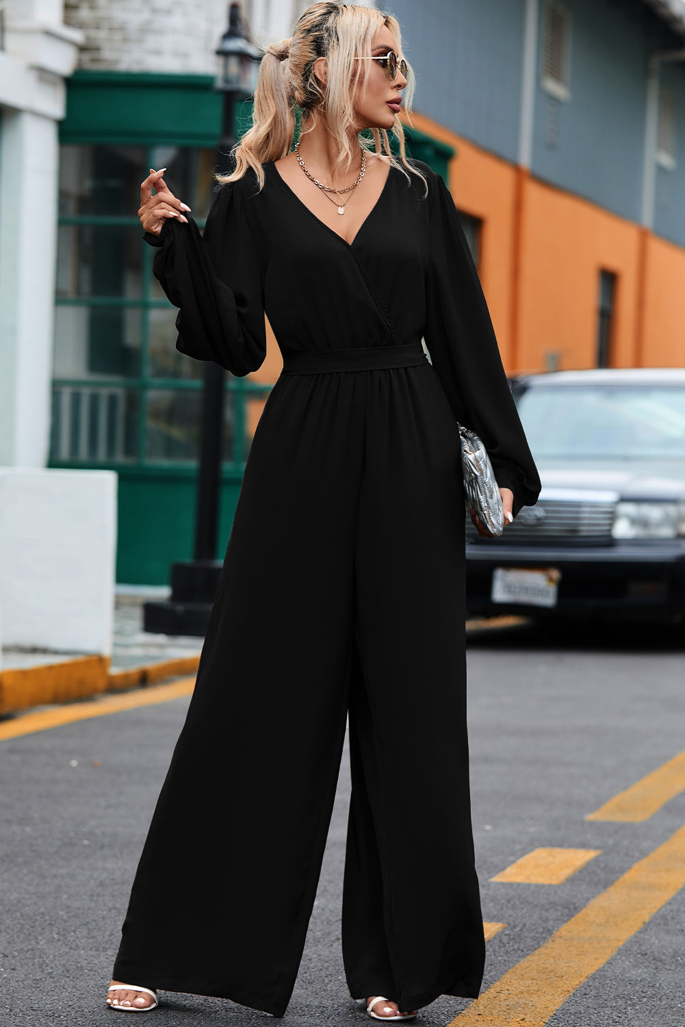 Cutout Back Belted V Neck Wide Leg Jumpsuit