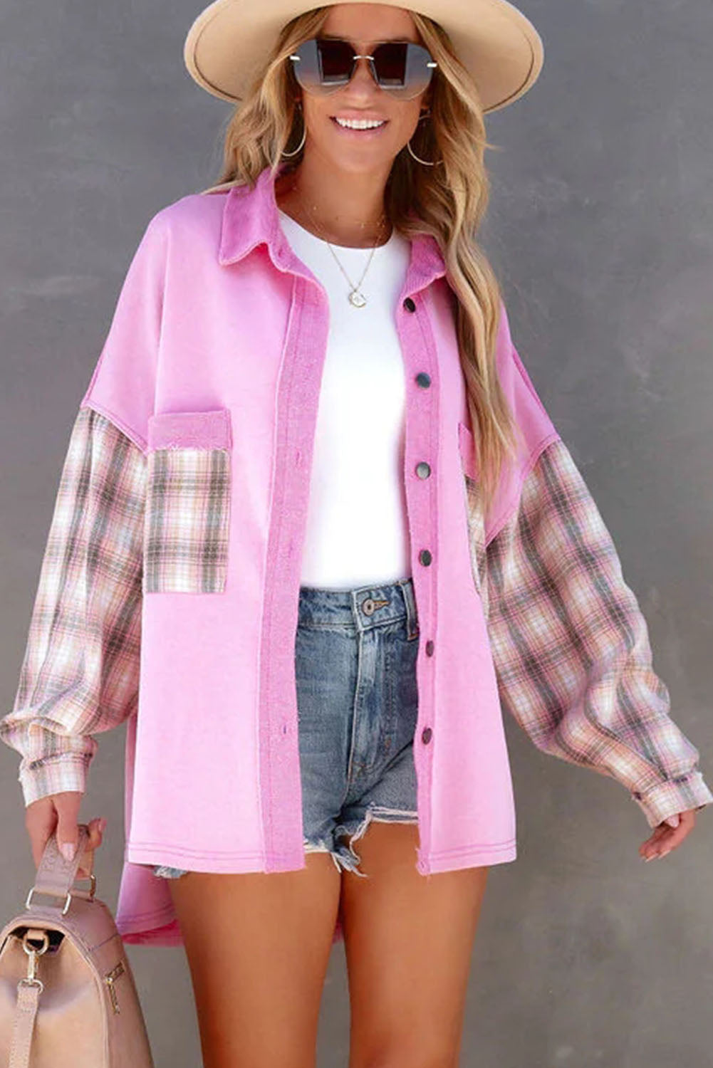 Plaid Patchwork Chest Pockets Oversized Shirt Jacket