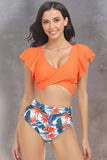 Flutter Sleeve Cross Criss Tied Floral High Waisted Bikini Swimsuit