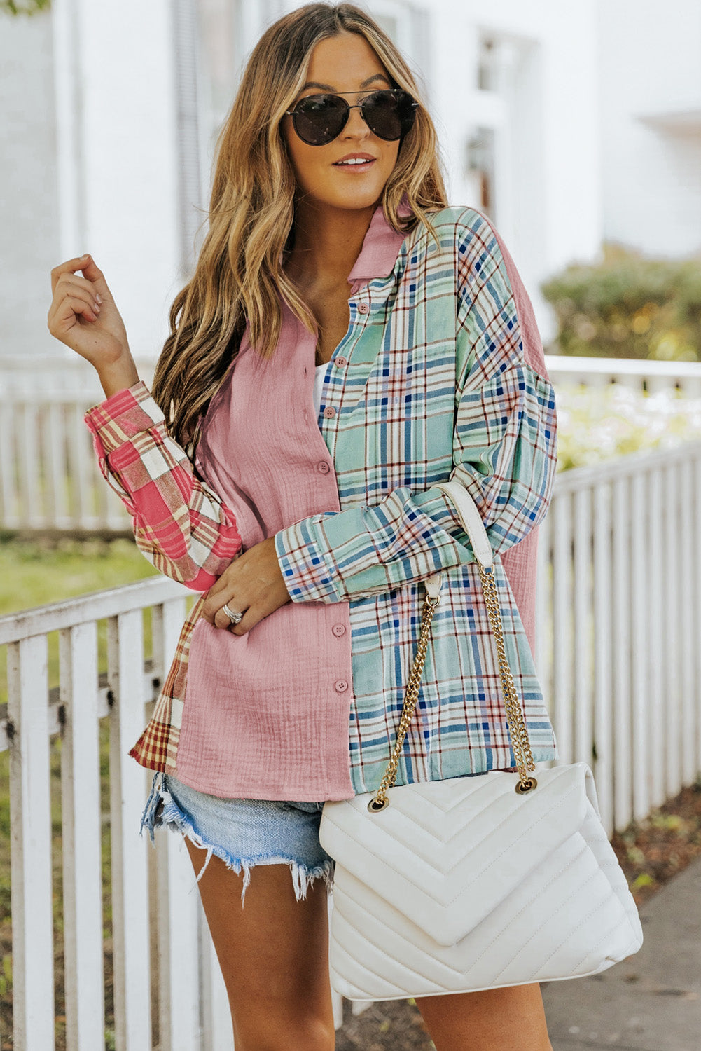 Plaid Contrast Color Block Shirt