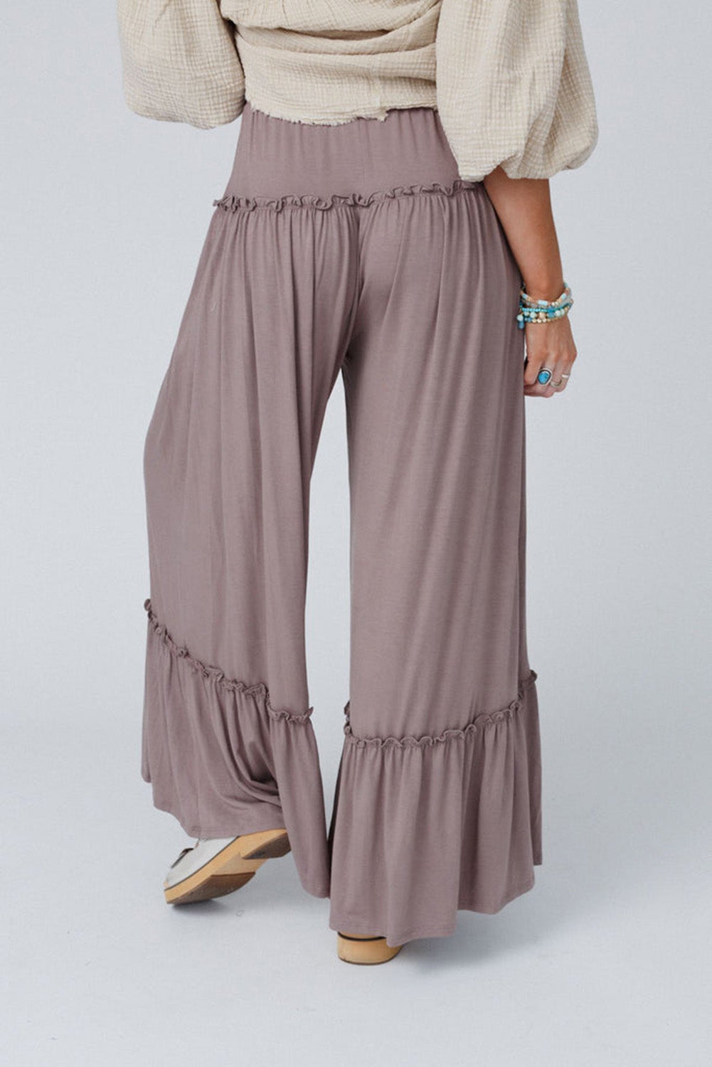 Khaki Frilled Drawstring High Waist Wide Leg Pants