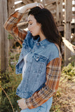 Medium Wash Plaid Sleeves Denim Jacket