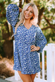 Sky Blue/Blue/Apricot V Neck Lantern Sleeves Floral Tunic Dress