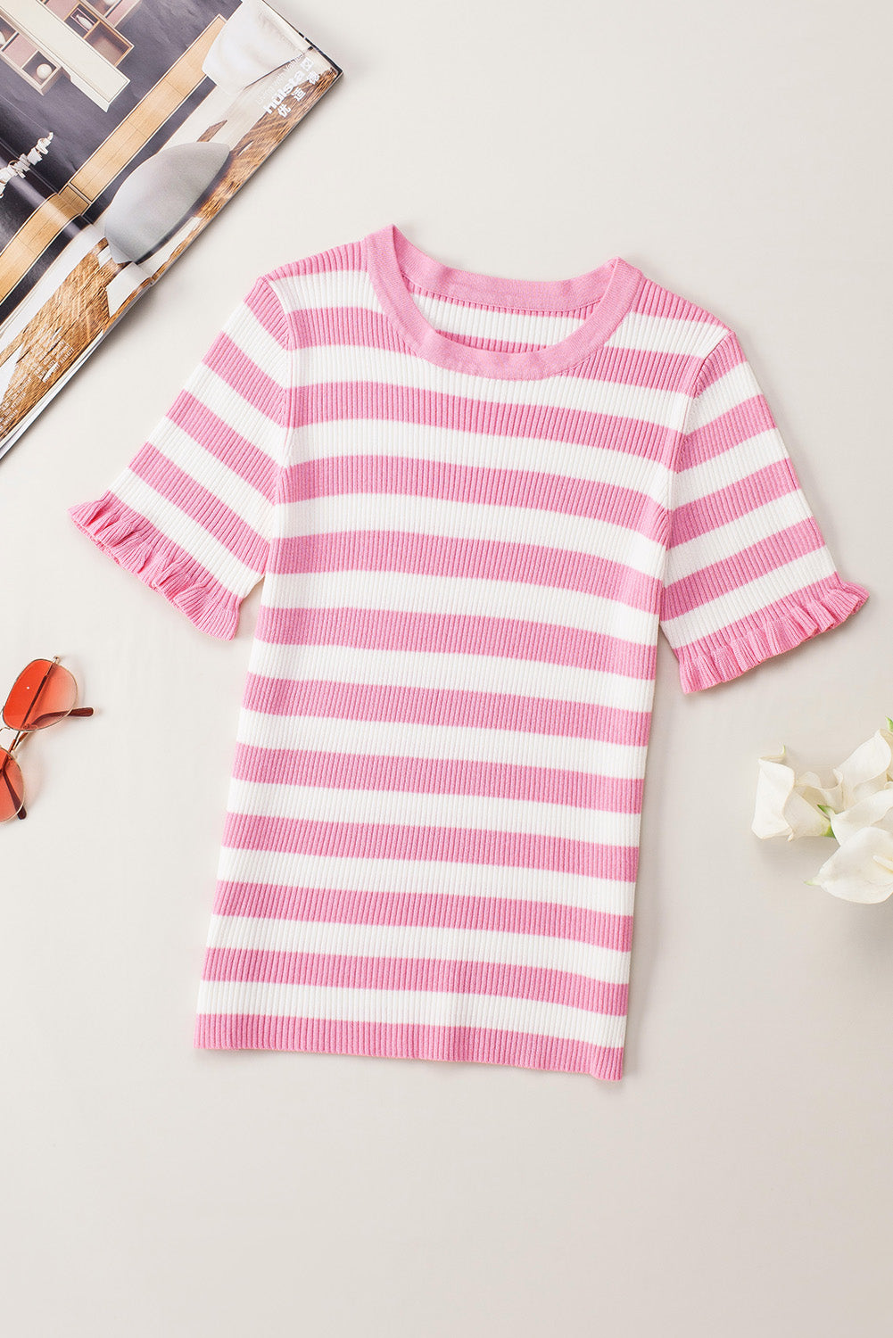 Striped Ruffled Short Sleeve O-neck Knit Sweater Top