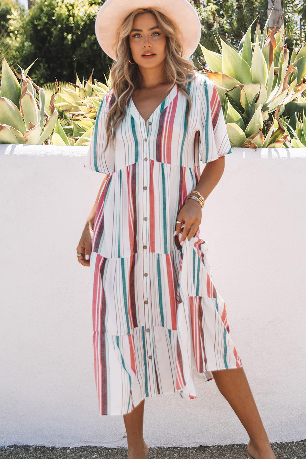 Robe chemise boutonnée à col en V rayée Serape