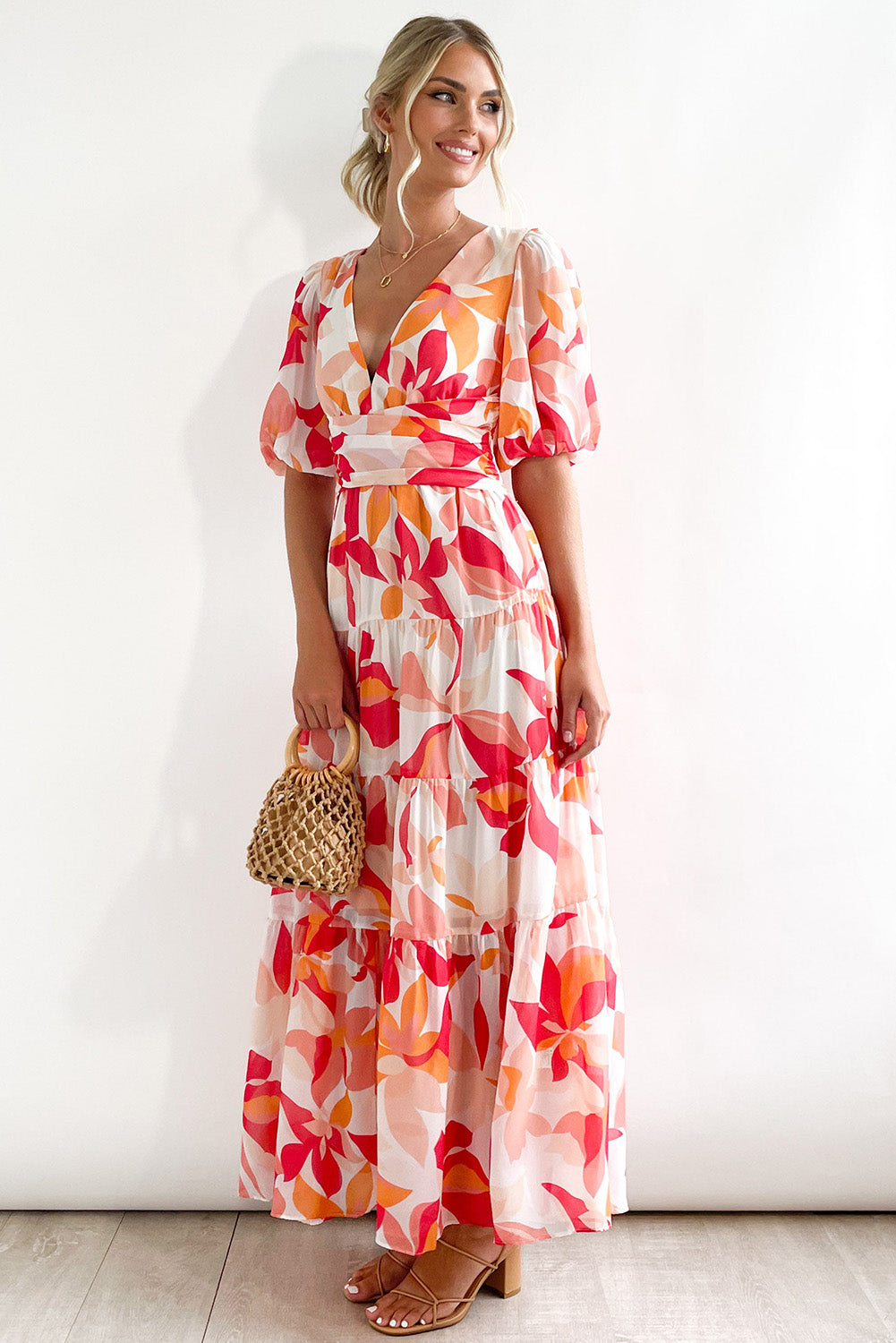 Short Puff Sleeve Floral Tiered Maxi Dress