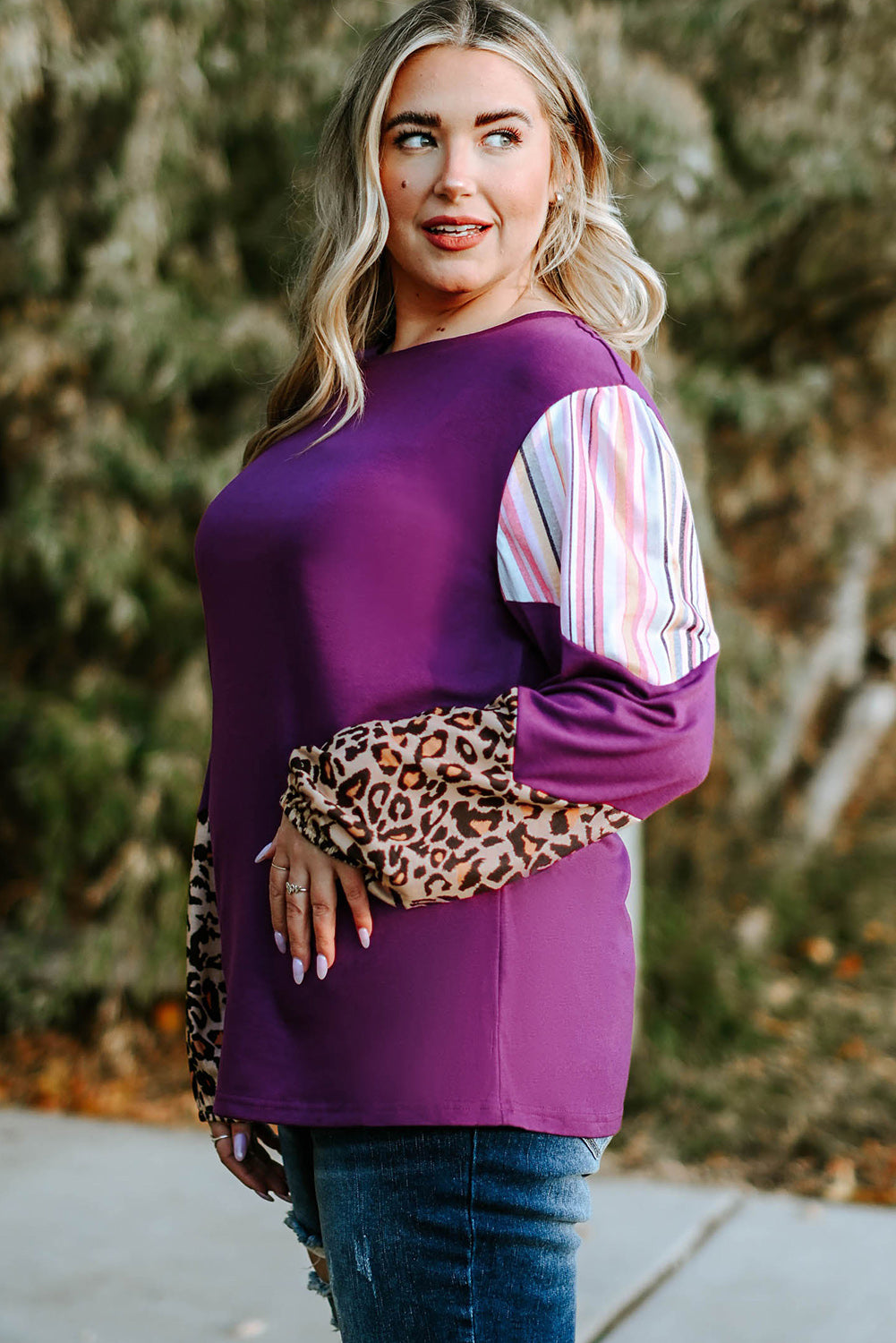 Leopard Striped Color Block Plus Size Top