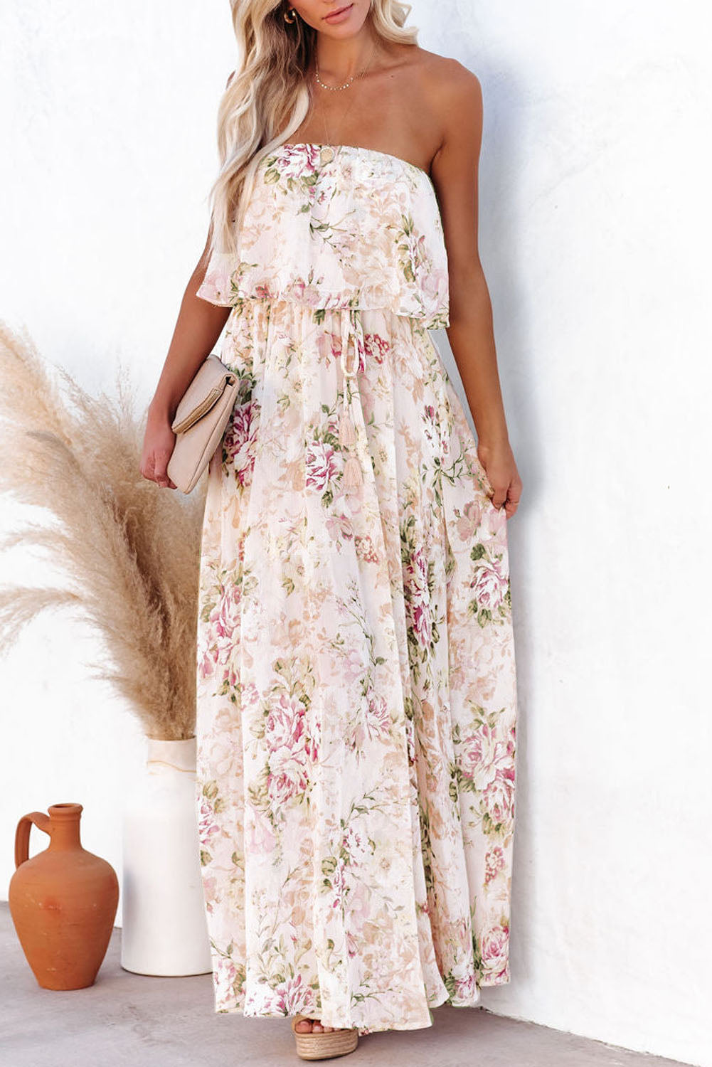 Robe longue rose à imprimé floral et bustier tube sans bretelles