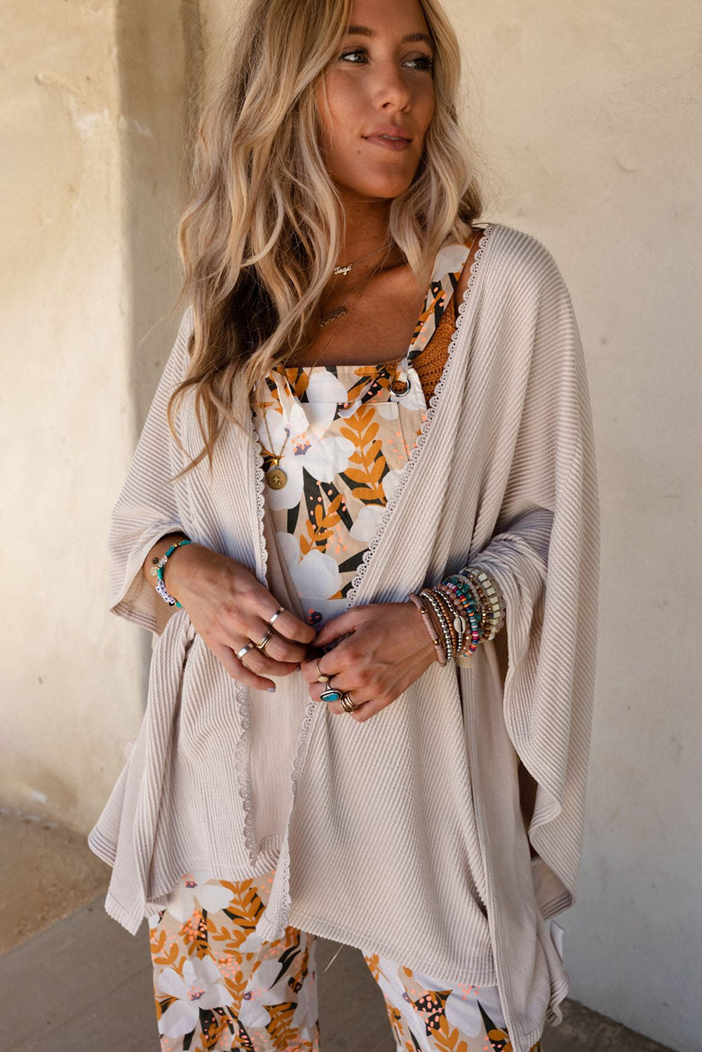 Lace Trim Ribbed Oversize Kimono