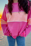 Sachet Pink Colorblock Patchwork Drop Shoulder Ribbed Trim Sweatshirt