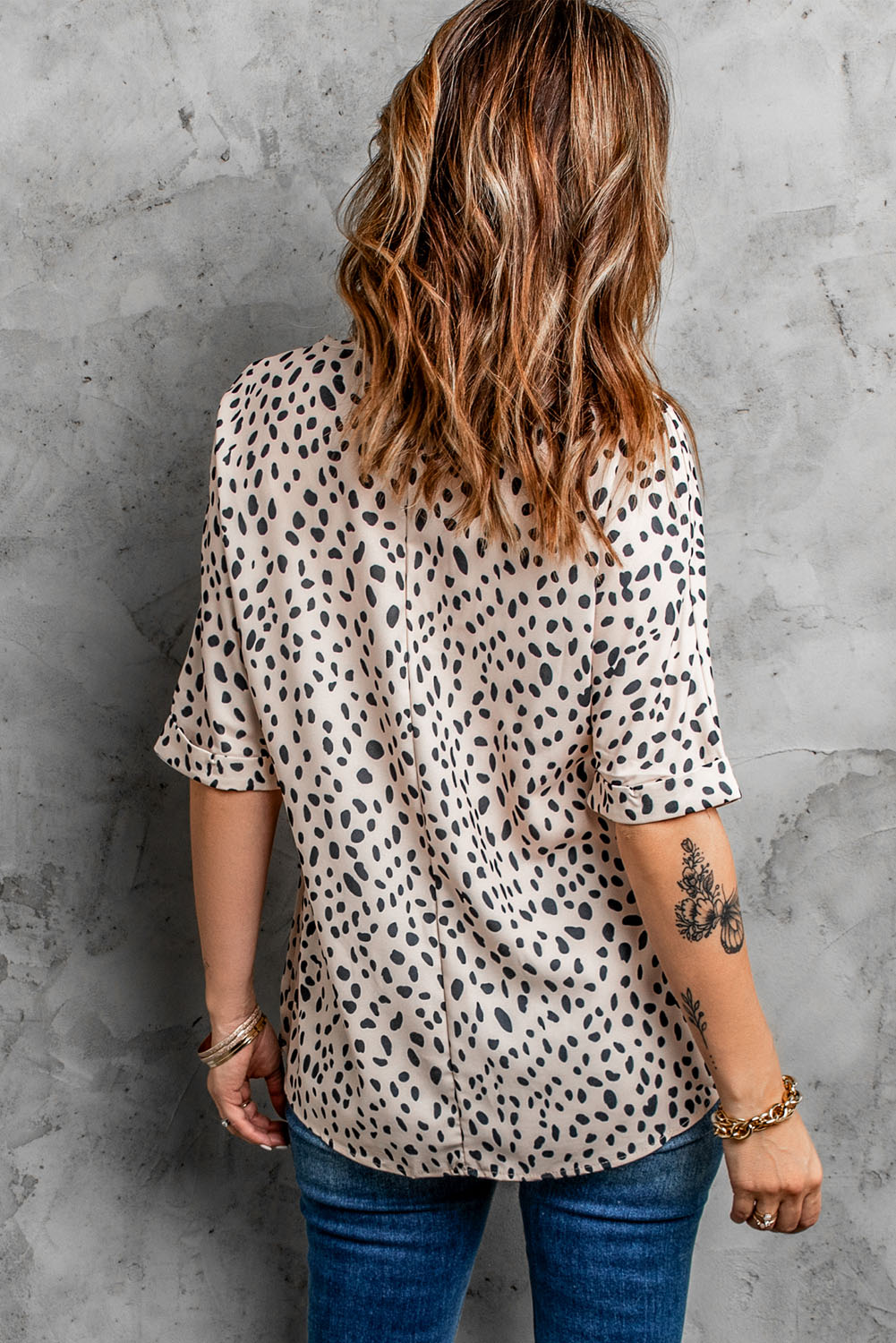 Animal Print V-neck Rolled Sleeve Tunic Top