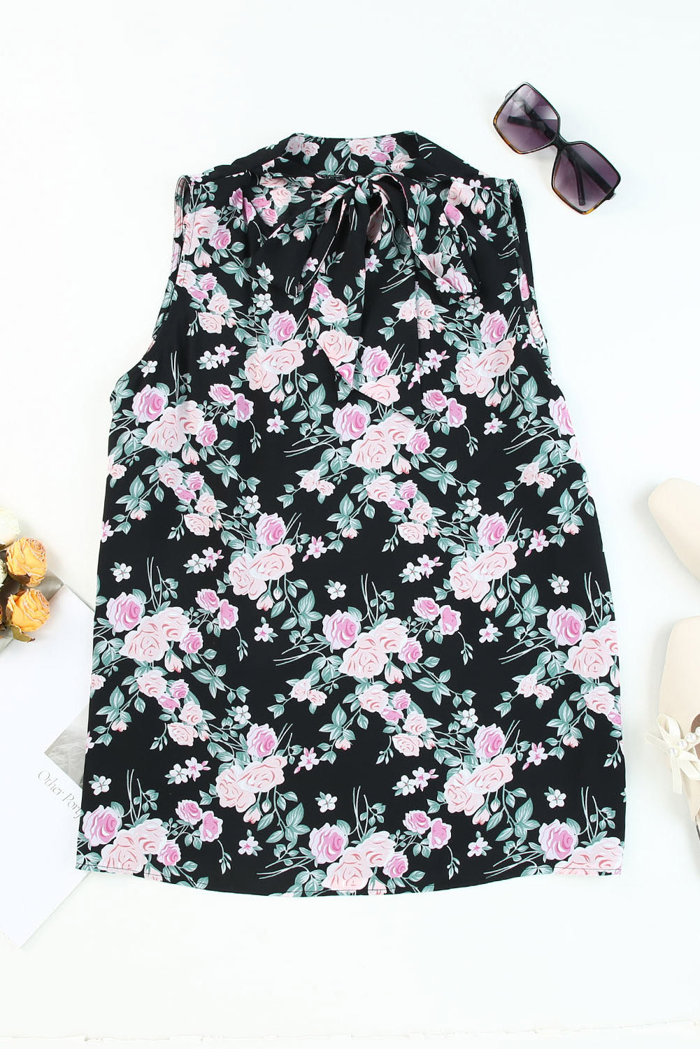 Plus Size Floral Print Ribbon V Neck Tank Top