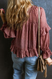 Fiery Red Swiss Dot Lace up V Neck Ruffled Blouse