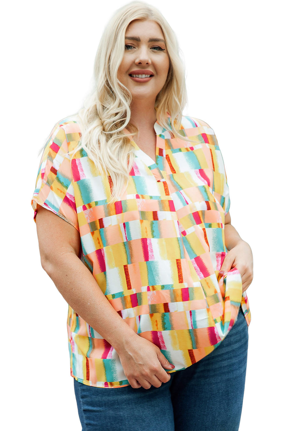 Geometric Print V Neck Plus Size T Shirt