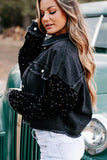 Sequin Sleeve Pocketed Raw Hem Denim Jacket