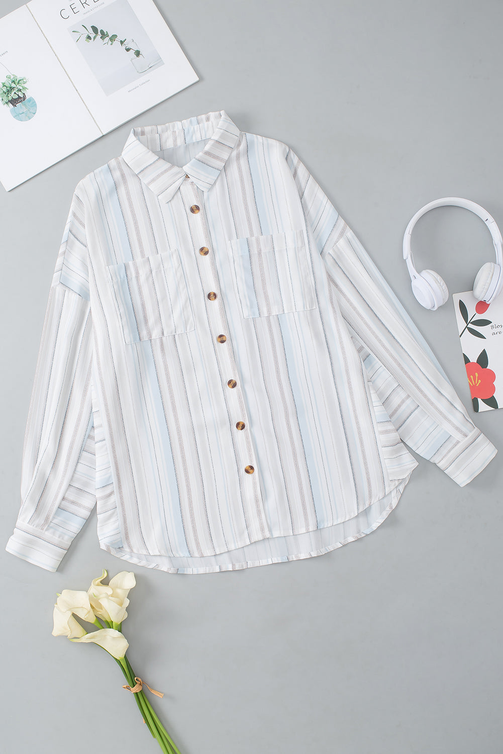 Stripe Oversized Chest Pockets Puff Sleeve High Low Shirt